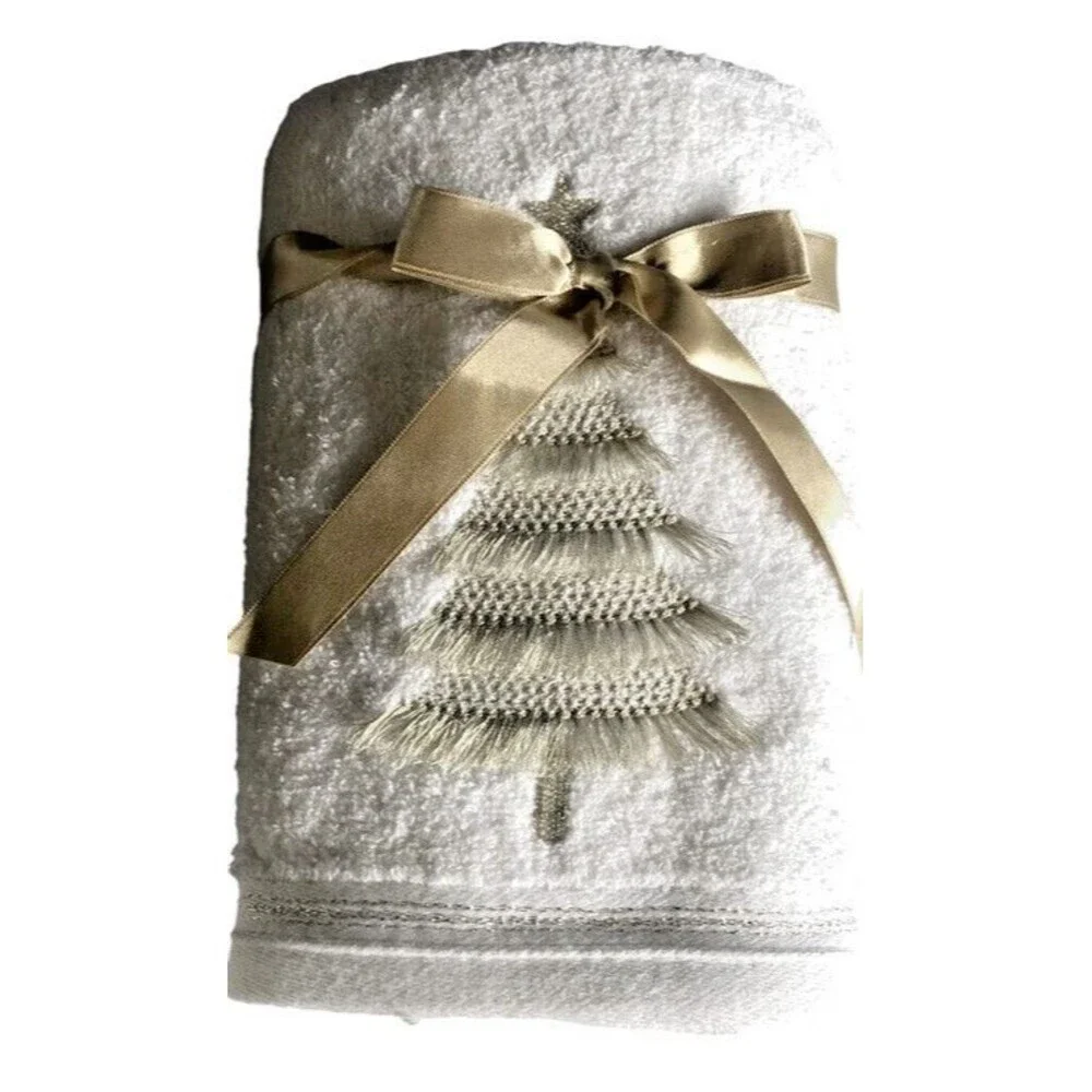 Christmas Tree Hand Towels Set of 2 Luxe Habitat Turkish Bathroom White Gold